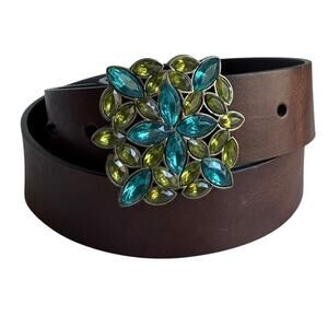 Y2K Brown Leather Belt Floral Rhinestone Buckle Blue Green Western Boho USA Made